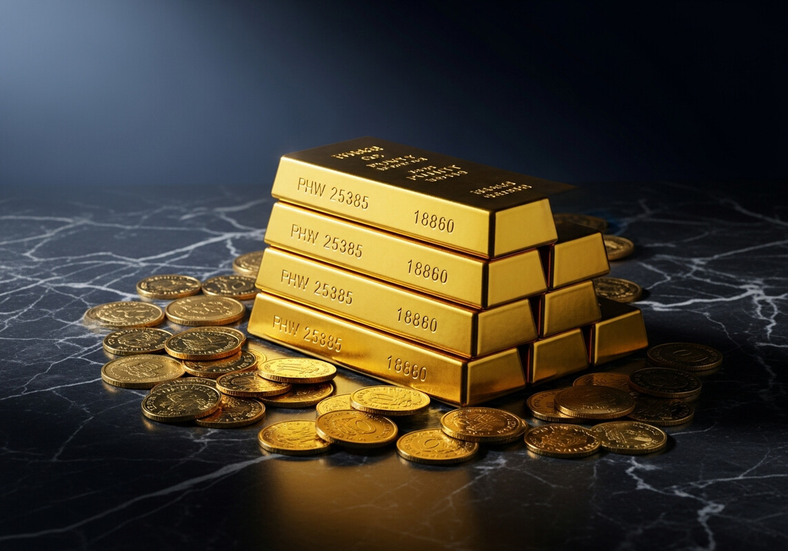 Gold bullion bars and coins