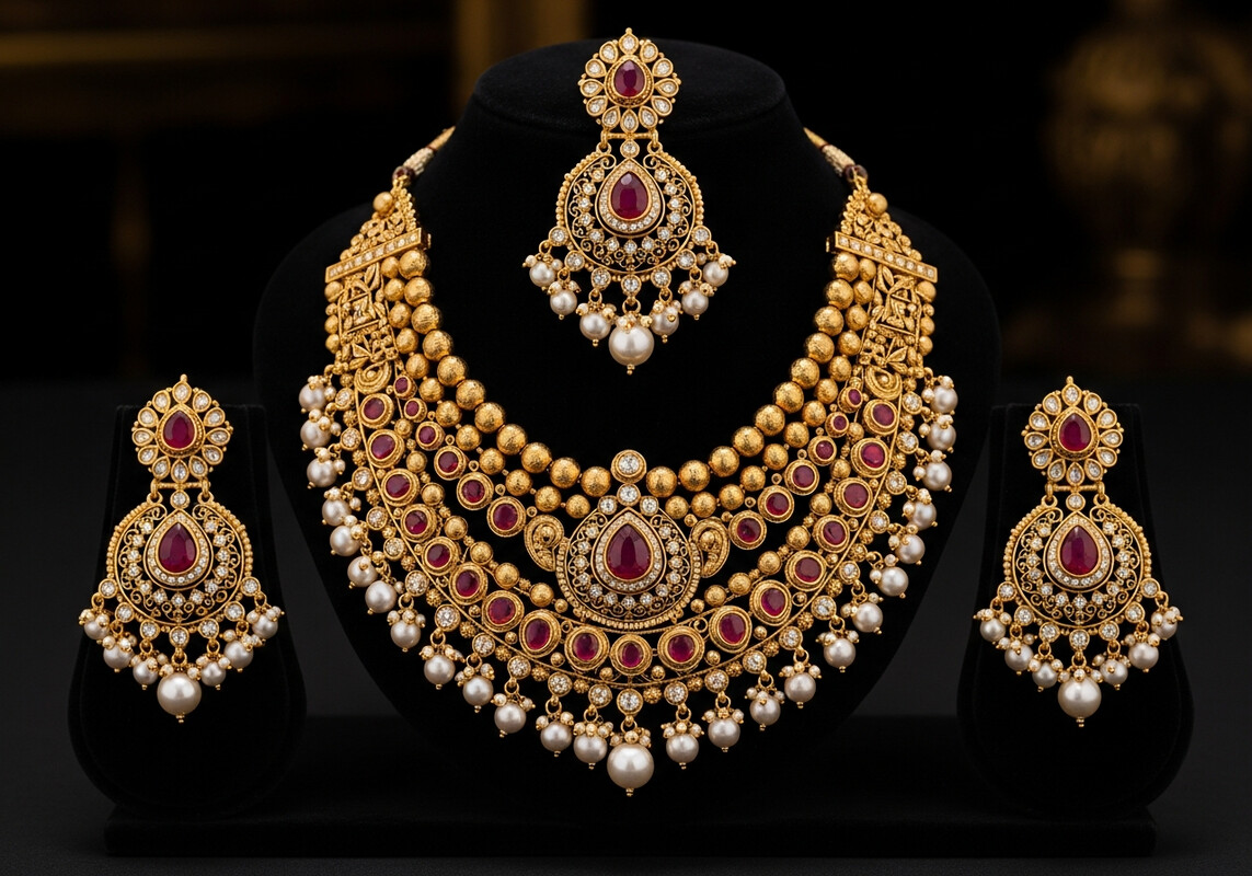 Traditional gold jewellery set with red gemstones and pearls